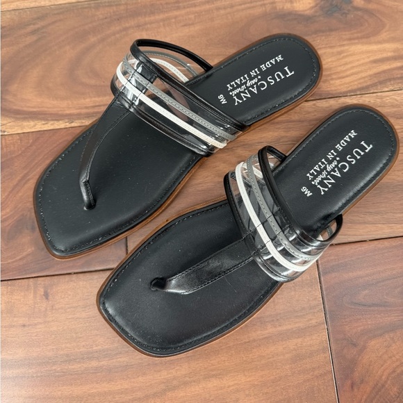 Tuscany Easy Street Black Thong Sandals Clear Straps Made in Italy Size 9W - Picture 3 of 8